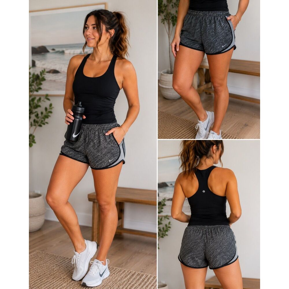 Nike Dri-FIT Tempo Running Shorts Womens L Black Gray Print Lined 719779